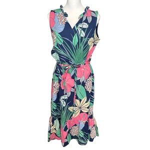 Talbots Dress Women's 10 Navy Voile Hibiscus V Neck Sleeveless Maxi Ruffle Hem